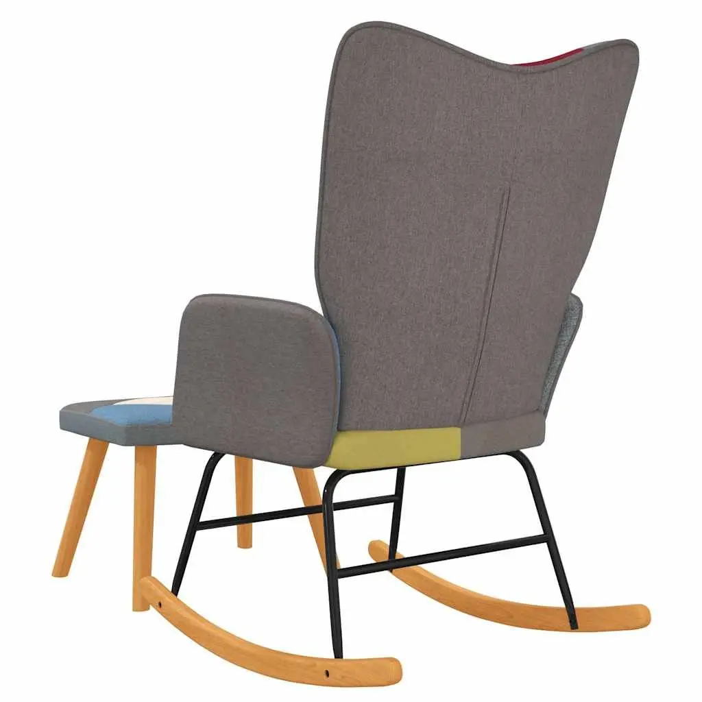 Rocking Chair Multicolour Patchwork Fabric with Stool Soft Upholstered Foam Living Room Relax Seat