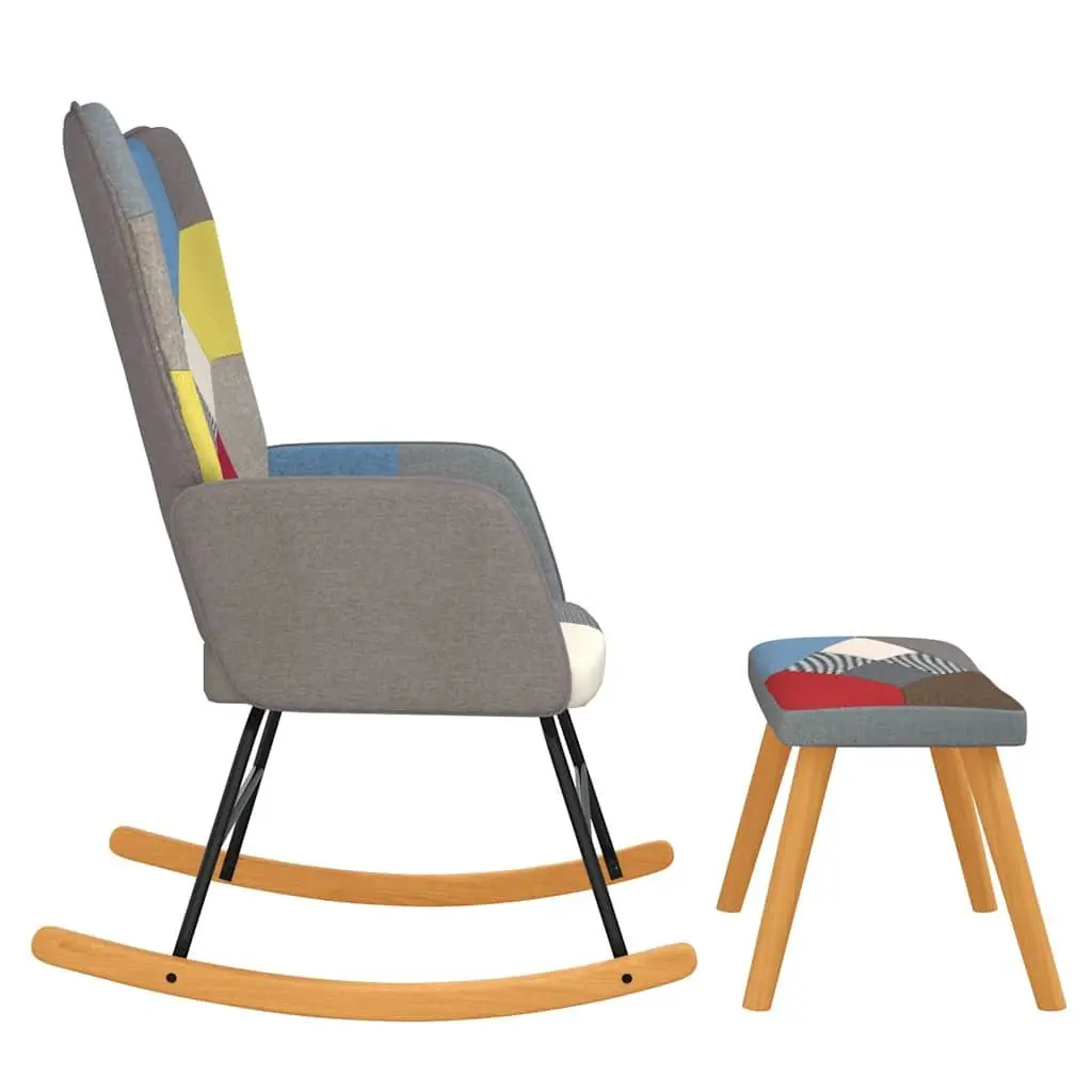 Rocking Chair Multicolour Patchwork Fabric with Stool Soft Upholstered Foam Living Room Relax Seat