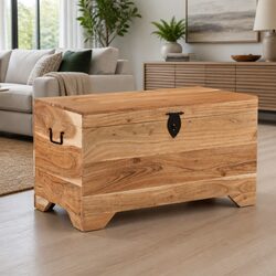 Storage Chest Solid Acacia Wood Brown Wooden Box Latch Handles Side Table Bench