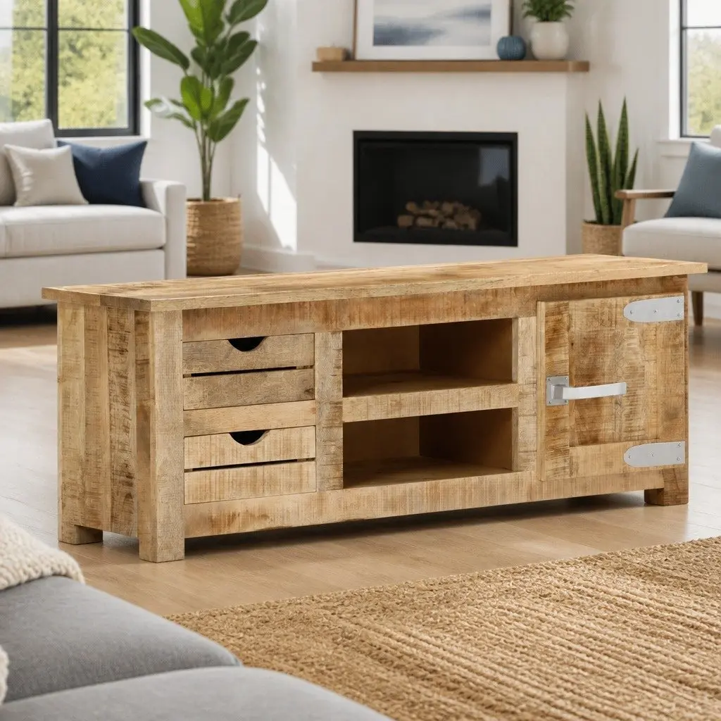 TV Cabinet Brown 110x30x40 cm Rough Mango Wood Rustic Sideboard with Drawers Compartments