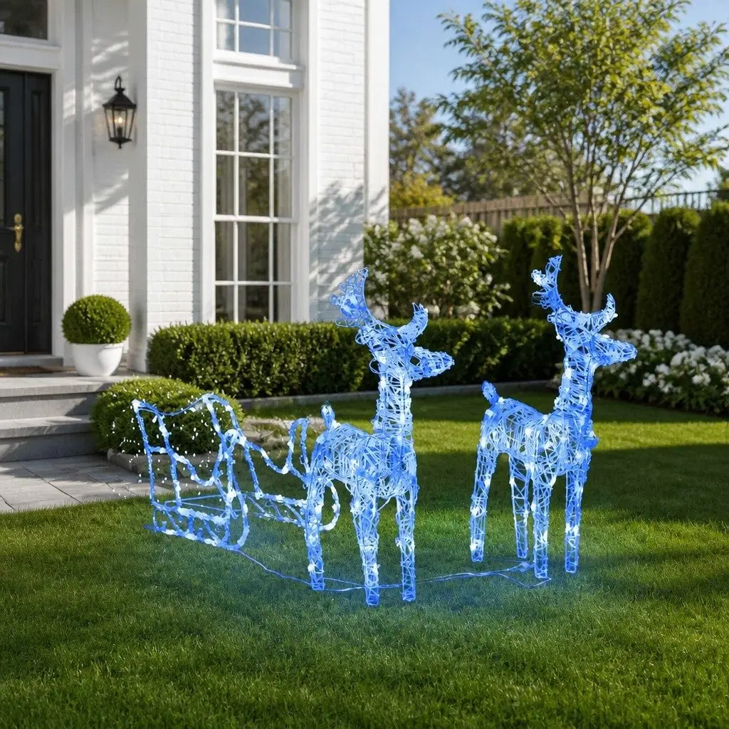 Christmas Reindeer Sleigh Blue 130 cm LED Light Decoration Weatherproof Outdoor Display