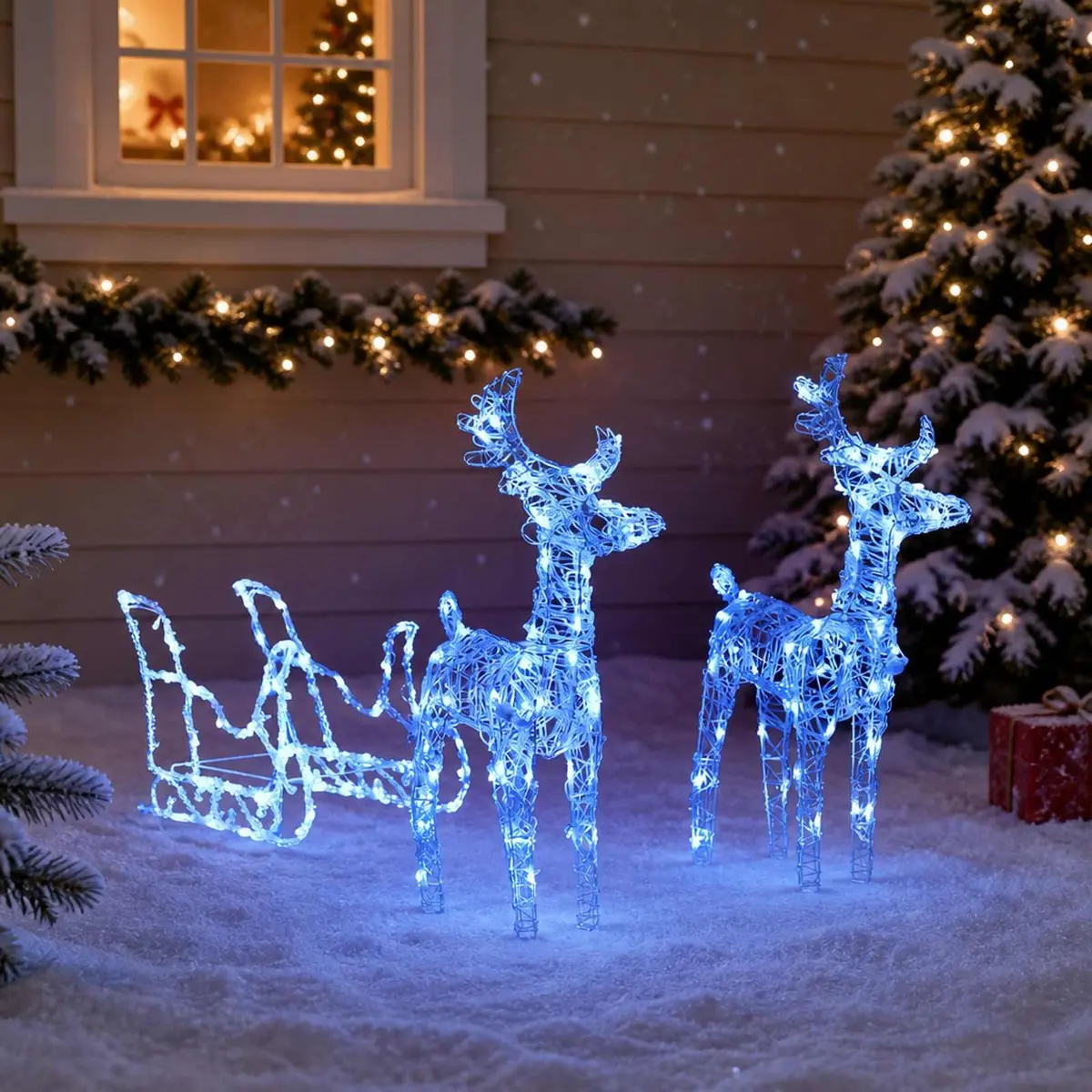 Christmas Reindeer Sleigh Blue 130 cm LED Light Decoration Weatherproof Outdoor Display