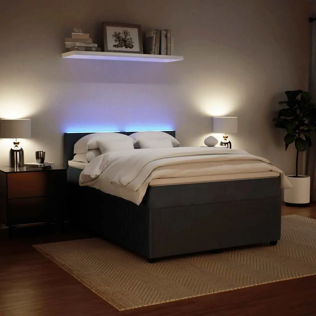 Double Box Spring Bed Grey Velvet Double Pocket Spring Mattress with LED Lights