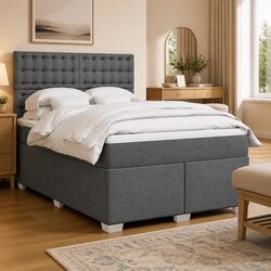 Queen Box Spring Bed with Pocket Mattress Grey Fabric Adjustable Headboard