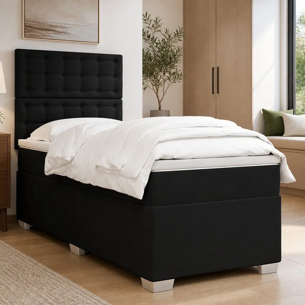 Box Spring Bed Black King Single Adjustable Headboard Faux Leather Mattress