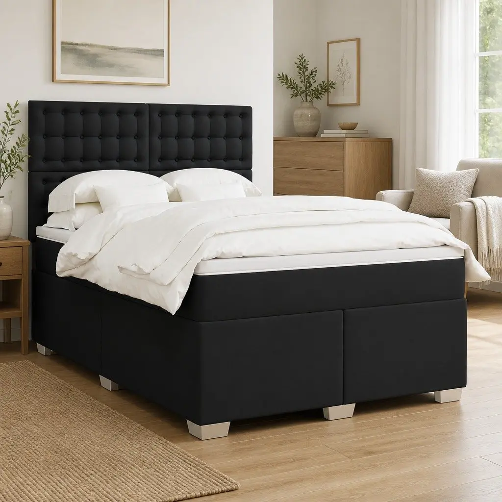 Queen Bed Black Faux Leather Frame Pocket Spring Mattress Adjustable Headboard