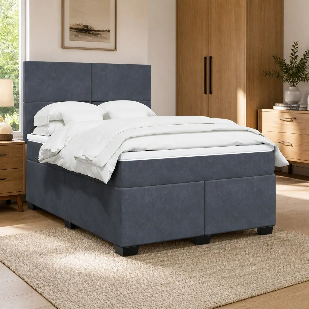 Queen Box Spring Bed Grey Pocket Spring Mattress Height Adjustable Headboard