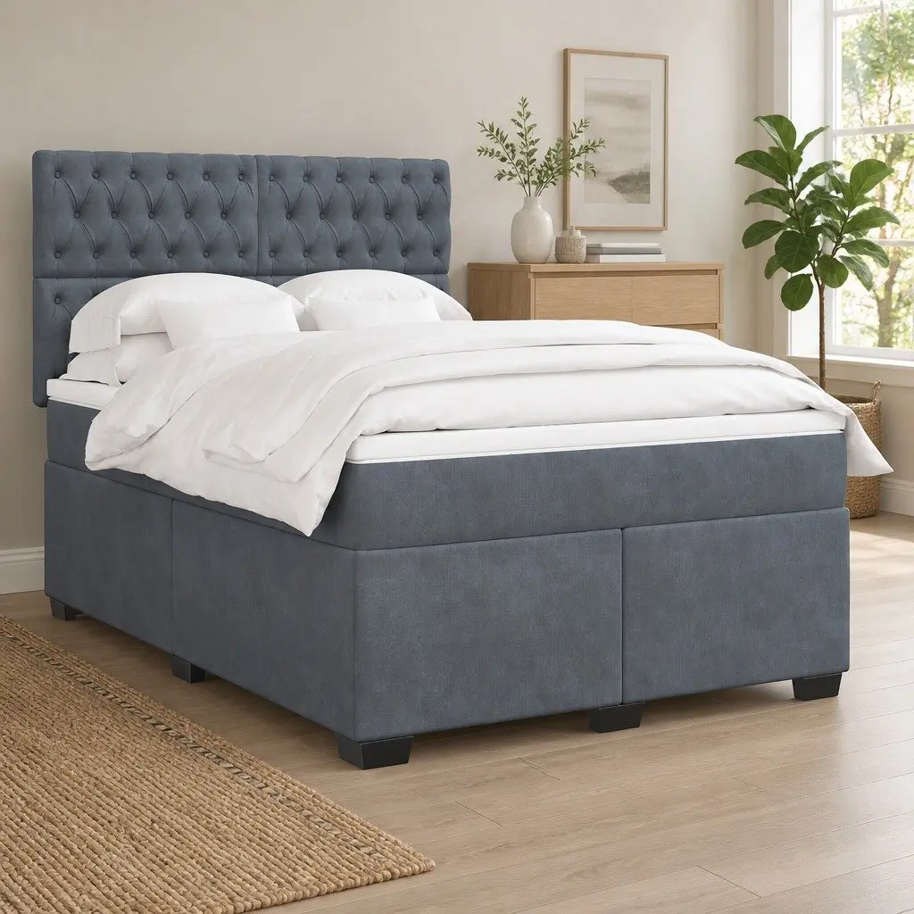 Queen Box Spring Bed with Pocket Spring Mattress Grey Velvet Adjustable