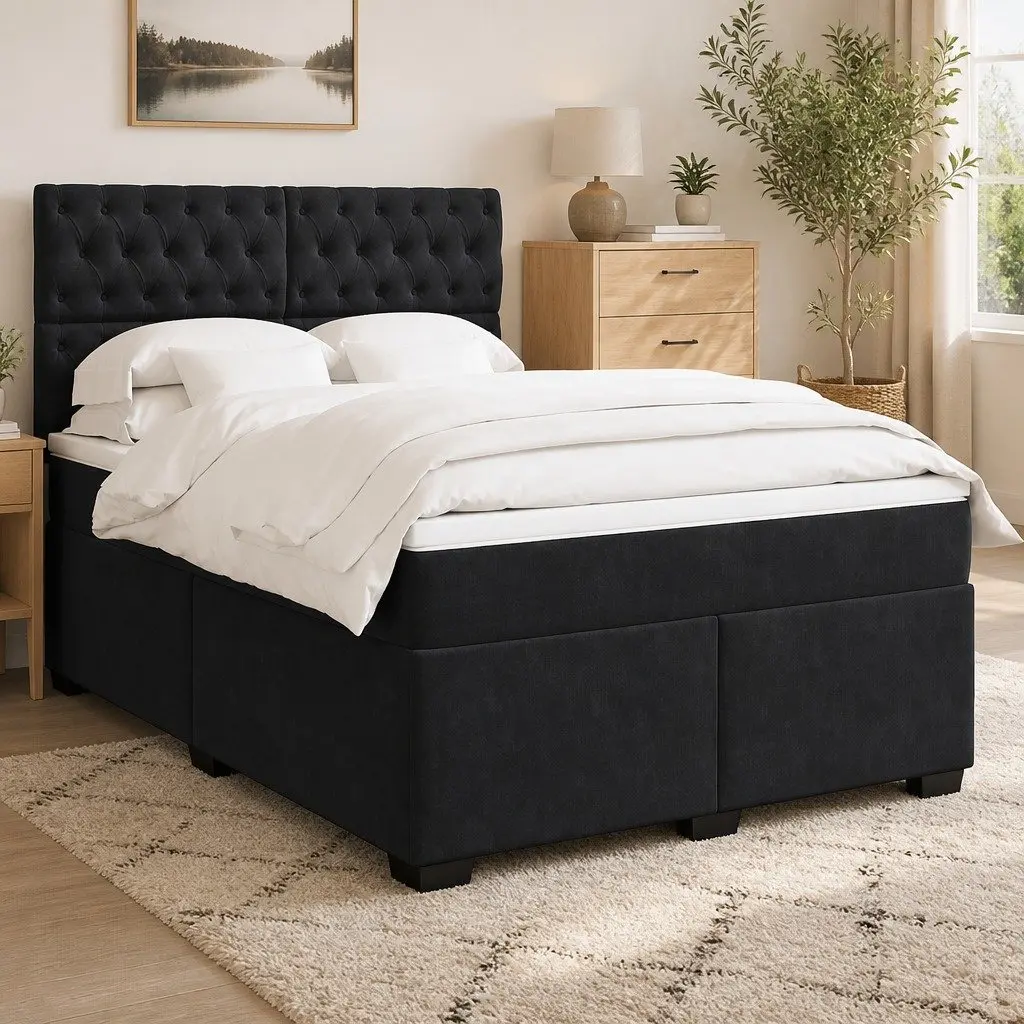 Box Spring Bed Black Velvet Queen Adjustable Headboard Pocket Spring Mattress