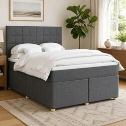 Queen Box Spring Bed with Pocket Mattress Grey Fabric Adjustable Headboard