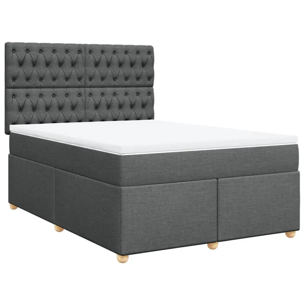 Queen Box Spring Bed Frame Dark Grey Polyester Fabric with Pocket Spring Mattress and Height Adjustable Headboard