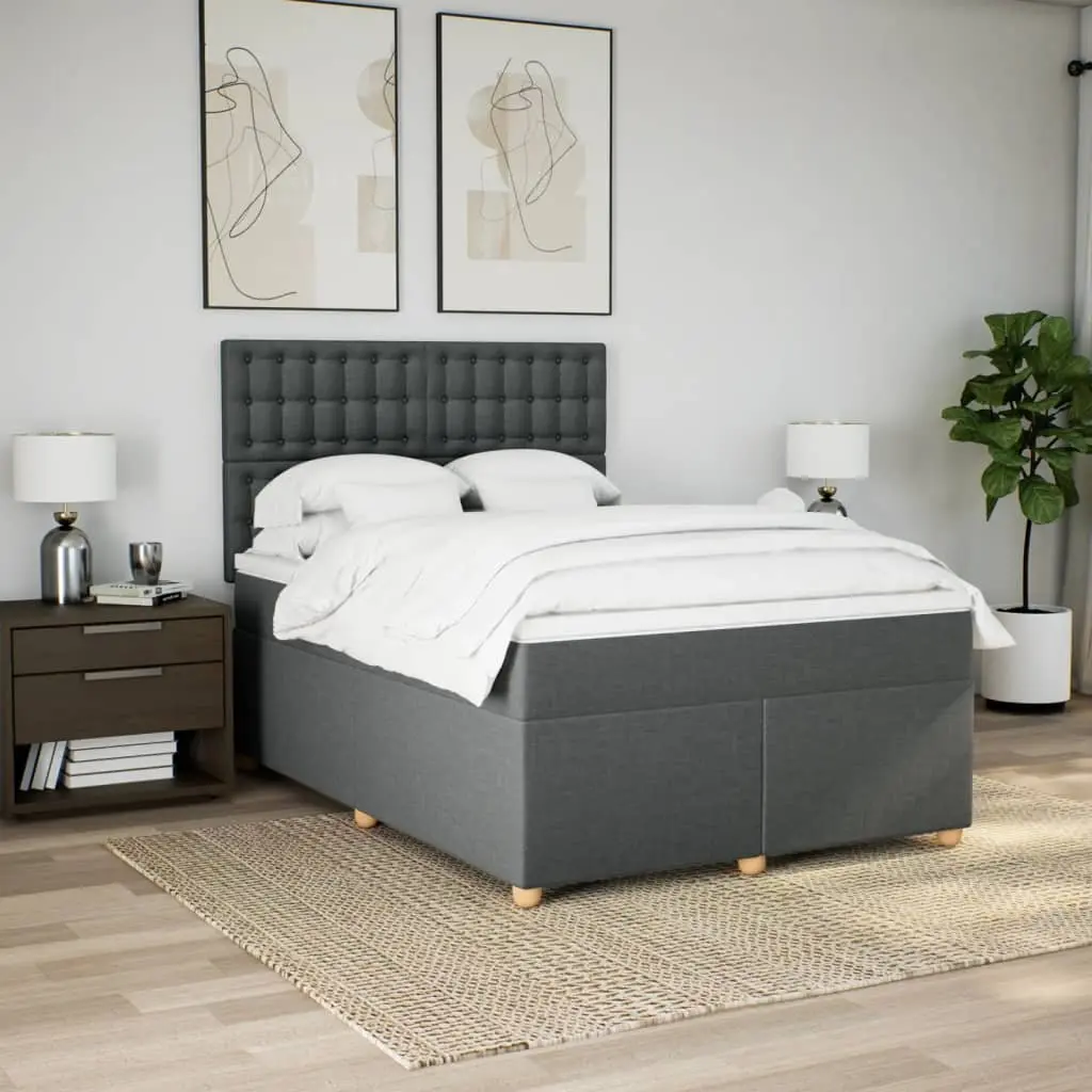 Queen Box Spring Bed Dark Grey Polyester Fabric Adjustable Headboard