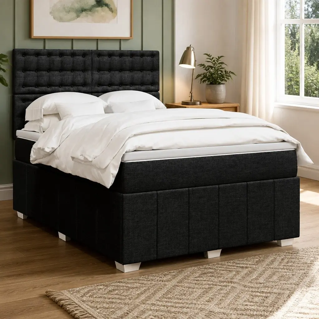 Double Box Spring Bed Black Fabric Adjustable Headboard Pocket Spring Mattress