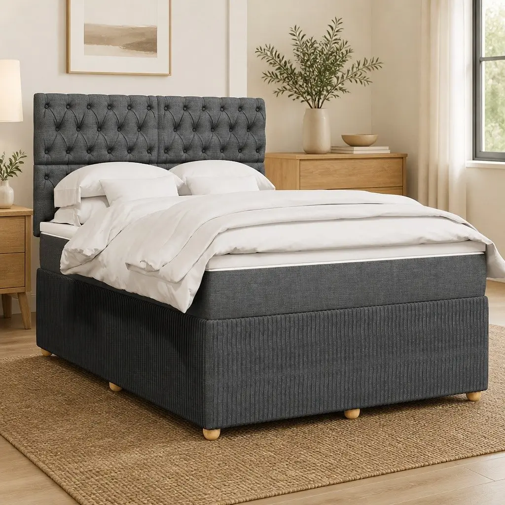 Queen Bed Grey Height-Adjustable Headboard Pocket Spring Mattress
