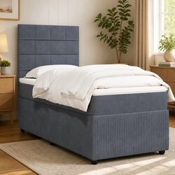 Box Spring Bed with Pocket Mattress King Single Grey Velvet Adjustable Headboard