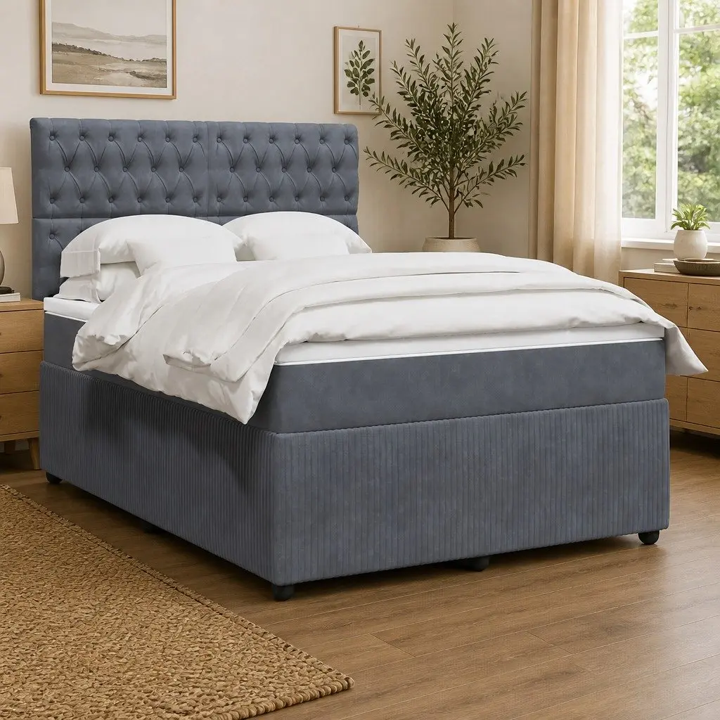 Queen Box Spring Bed in Grey Velvet