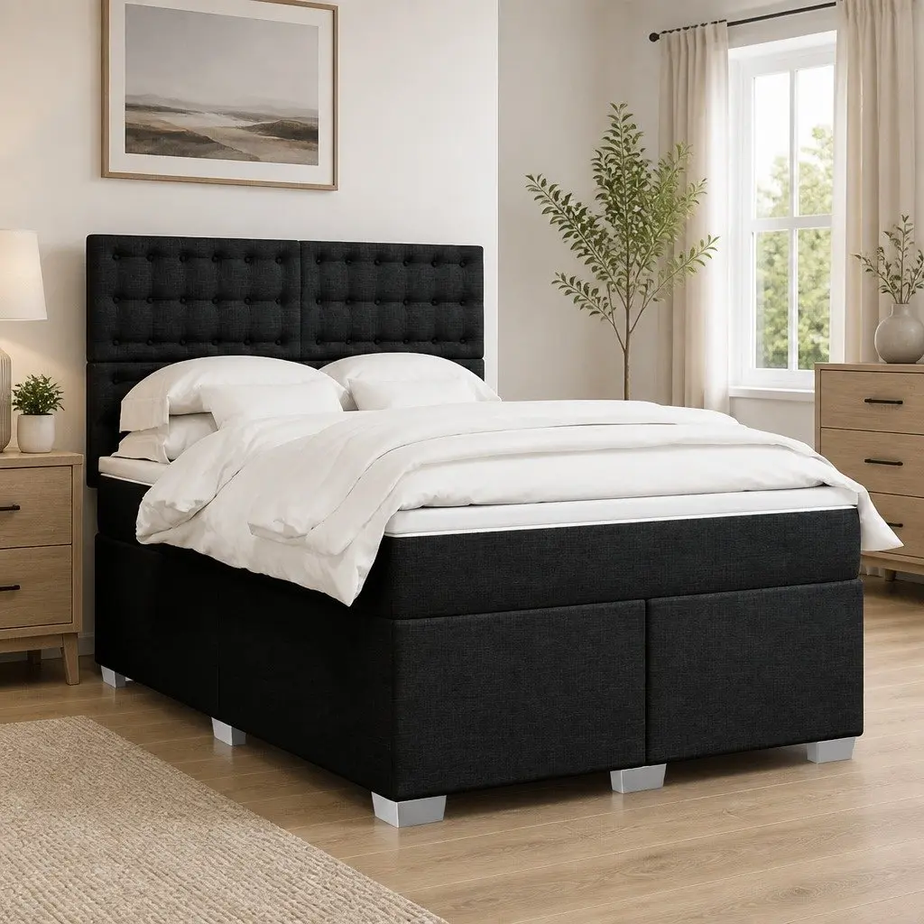 Double Box Spring Bed Black Double Pocket Spring Mattress Adjustable LED Lights
