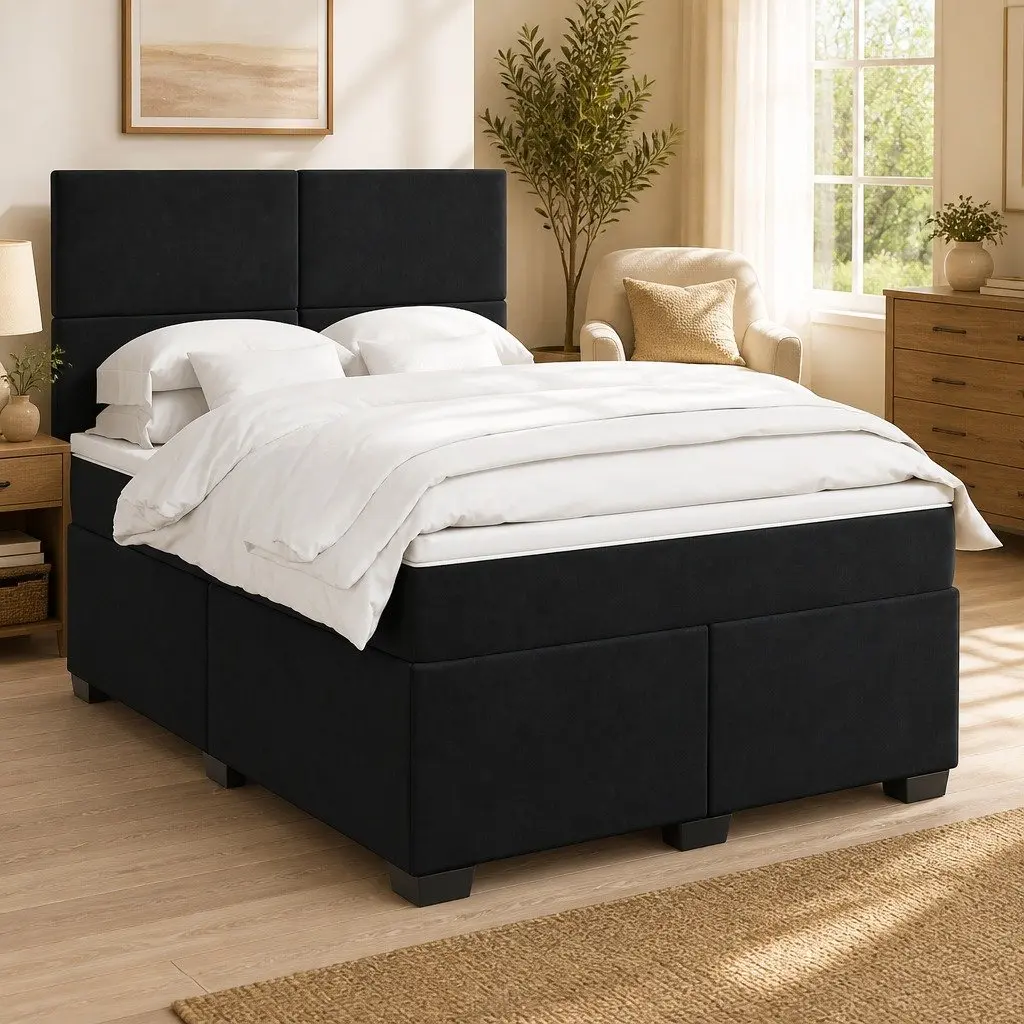 Queen Size Box Spring Bed Black Velvet Frame Pocket Spring Mattress LED Headboard