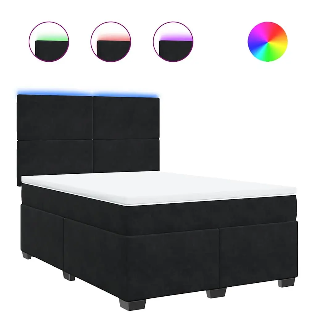Queen Size Box Spring Bed Black Velvet Frame Pocket Spring Mattress LED Headboard