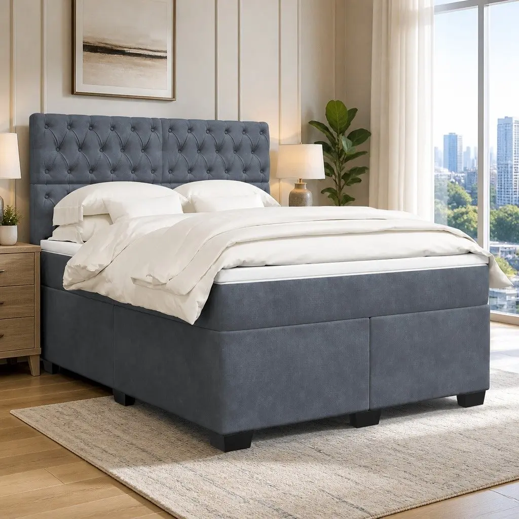 Queen Box Spring Bed with Pocket Sprung Mattress LED Lights Adjustable Headboard