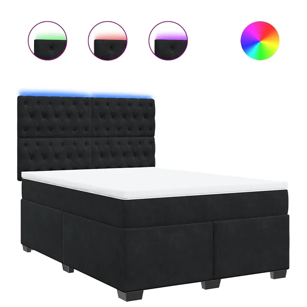 Queen Size Box Spring Bed Black Velvet Pocket Spring Mattress Adjustable Headboard LED Lights