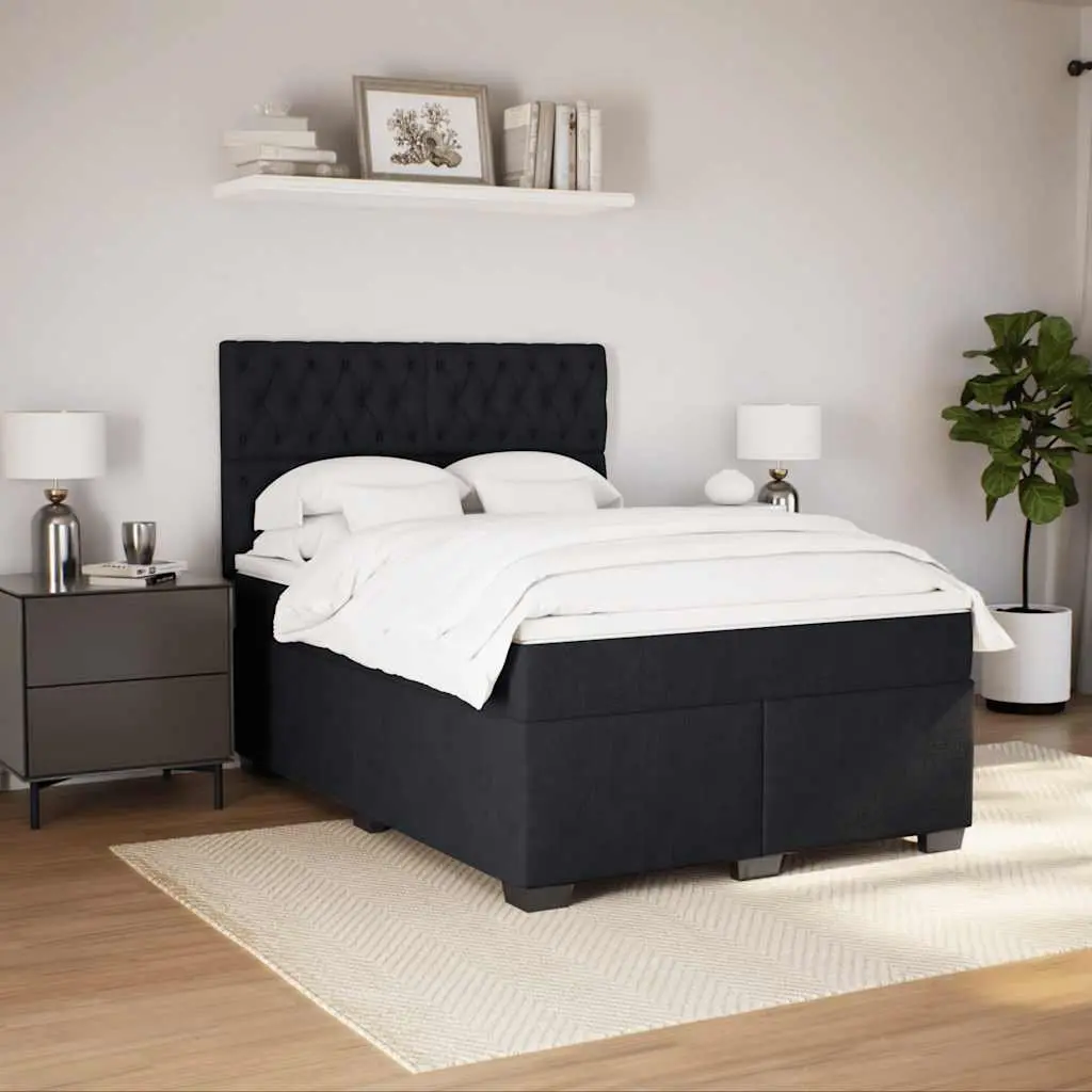 Queen Size Box Spring Bed Black Velvet Pocket Spring Mattress Adjustable Headboard LED Lights