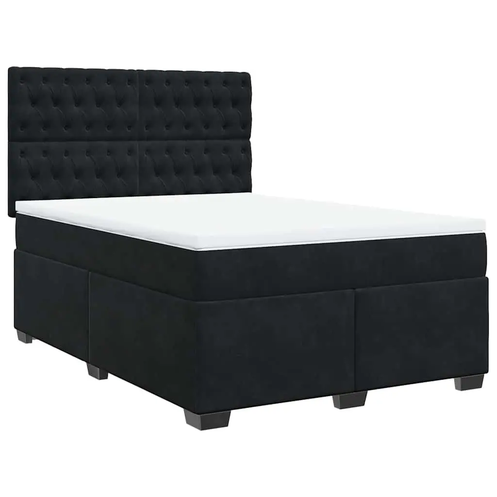 Queen Size Box Spring Bed Black Velvet Pocket Spring Mattress Adjustable Headboard LED Lights