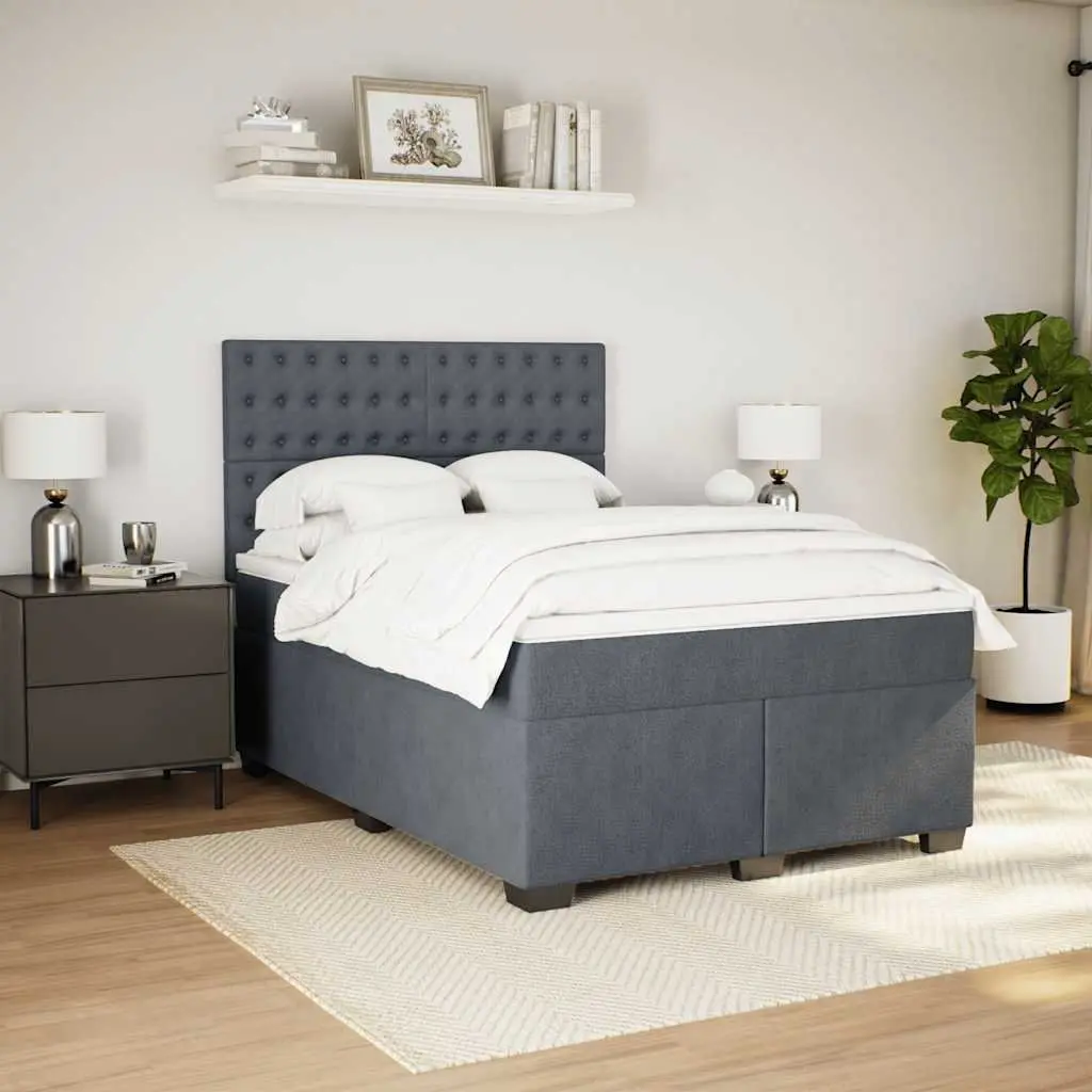 Queen Box Spring Bed Dark Grey Velvet Adjustable LED Lights