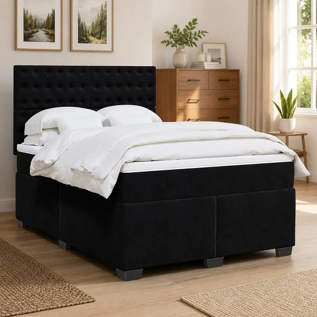 Queen Box Spring Bed Black Adjustable Headboard Pocket Spring Mattress with LED Lights