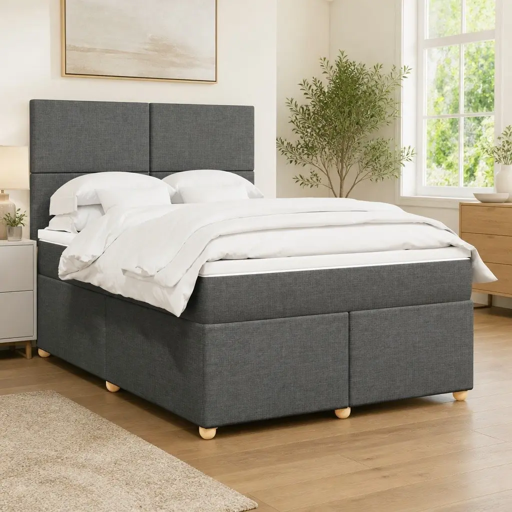 Queen Box Spring Bed Grey Height Adjustable Headboard Pocket Spring Mattress with LED Lights