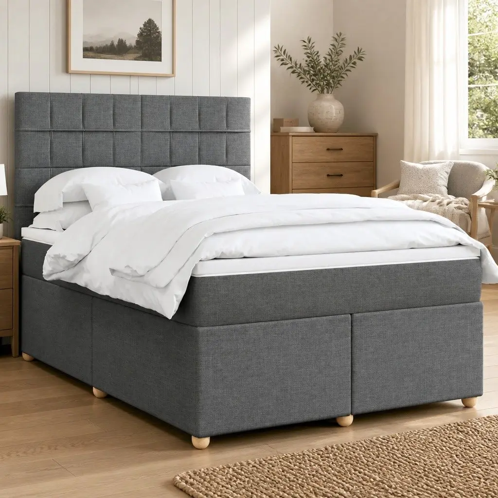 Box Spring Bed Dark Grey Queen Size with Mattress LED Headboard