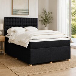 Queen Box Spring Bed with Pocket Mattress LED Lights Adjustable Headboard Black