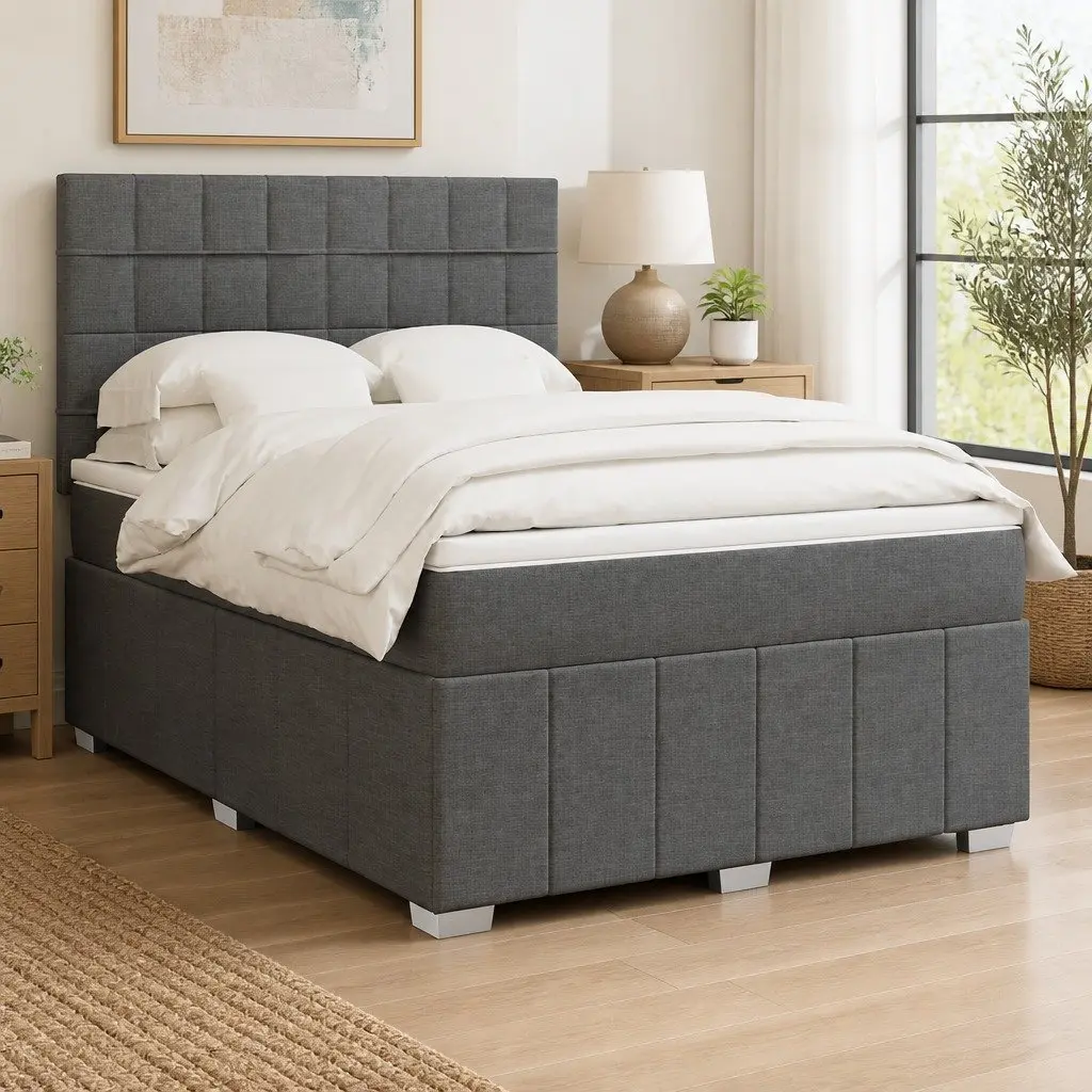 Queen Box Spring Bed Grey Size Adjustable Headboard Pocket Spring Mattress with LED Lights
