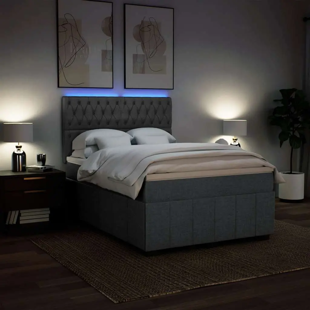 Queen Box Spring Bed Grey Pocket Spring Mattress LED Lights Adjustable Headboard