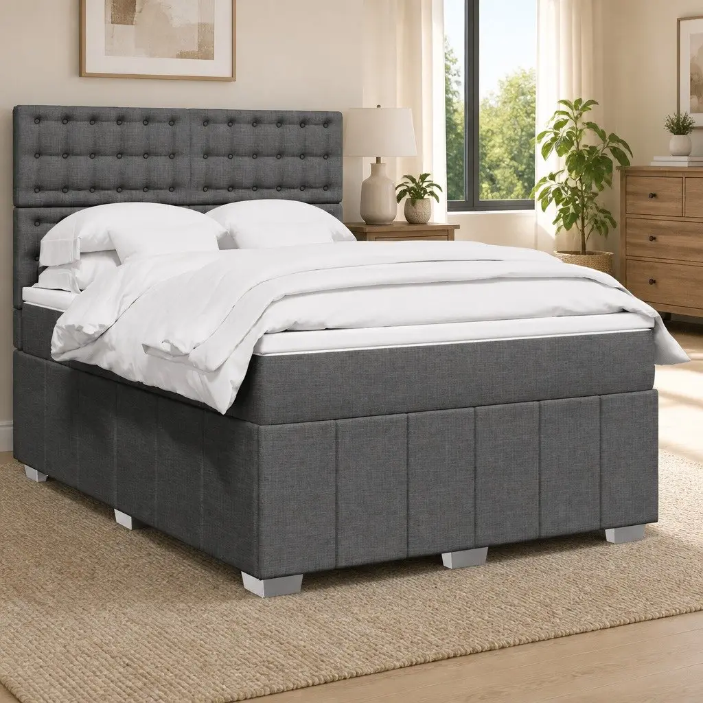 Box Spring Bed Grey Queen Adjustable Headboard Pocket Spring Mattress LED Lights