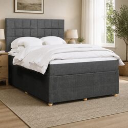 Double Box Spring Bed with Pocket Spring Mattress LED Lights Grey Fabric