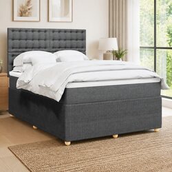 Double Box Spring Bed with Pocket Mattress LED Lights Grey Fabric Adjustable