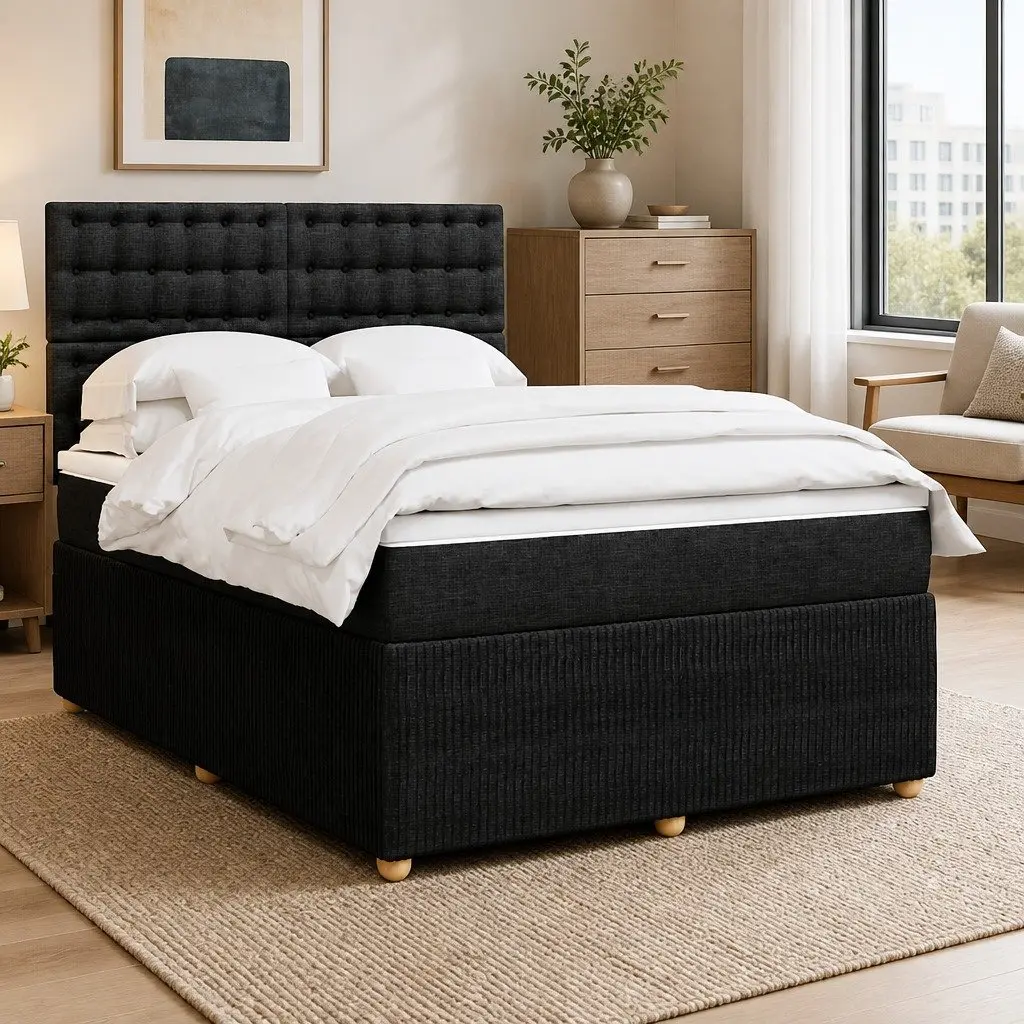 Double Bed Black Fabric Size Double Pocket Sprung Mattress Adjustable Headboard LED Lights
