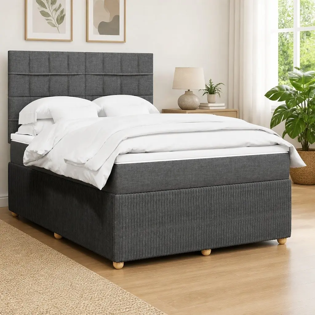 Queen Bed Frame Dark Grey Fabric with Mattress LED Lights Height Adjustable Headboard