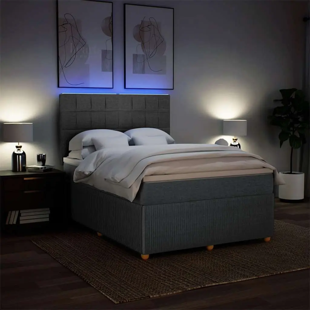 Queen Bed Frame Dark Grey Fabric with Mattress LED Lights Height Adjustable Headboard