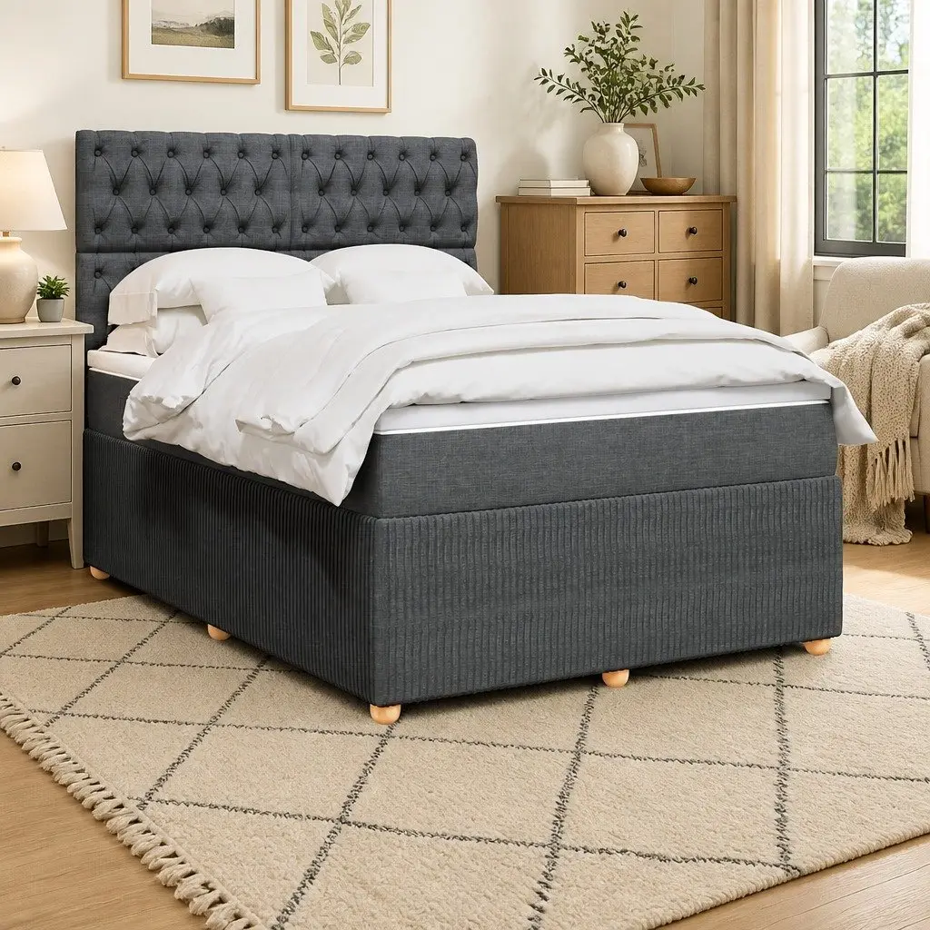 Queen Bed Dark Grey Pocket Spring Mattress Adjustable Headboard LED Lights