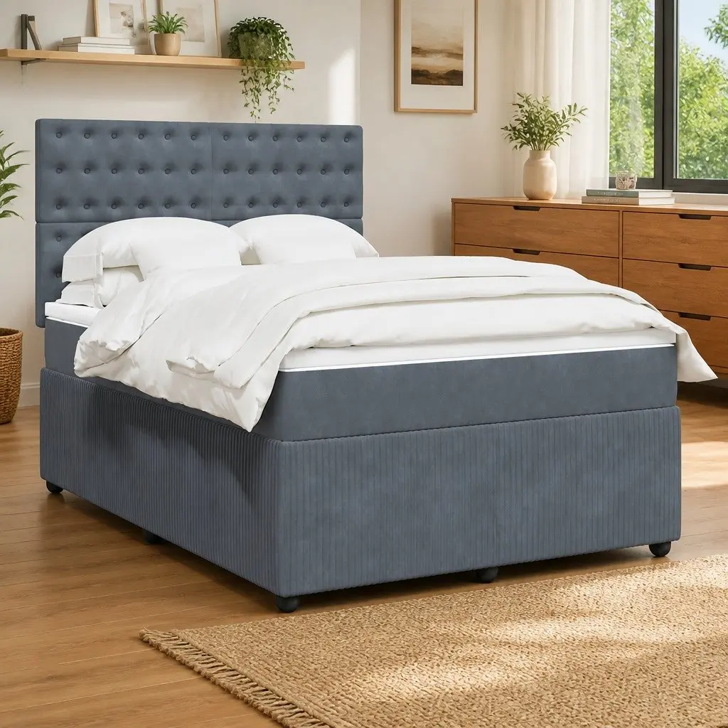 Double Box Spring Bed Grey Velvet Height Adjustable Headboard Pocket Spring Mattress with LED Lights