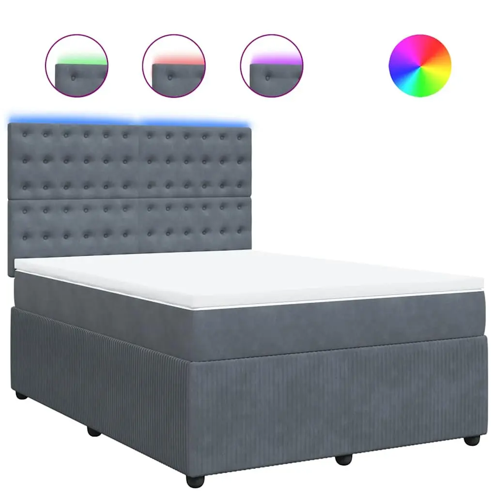 Double Box Spring Bed Grey Velvet Height Adjustable Headboard Pocket Spring Mattress with LED Lights