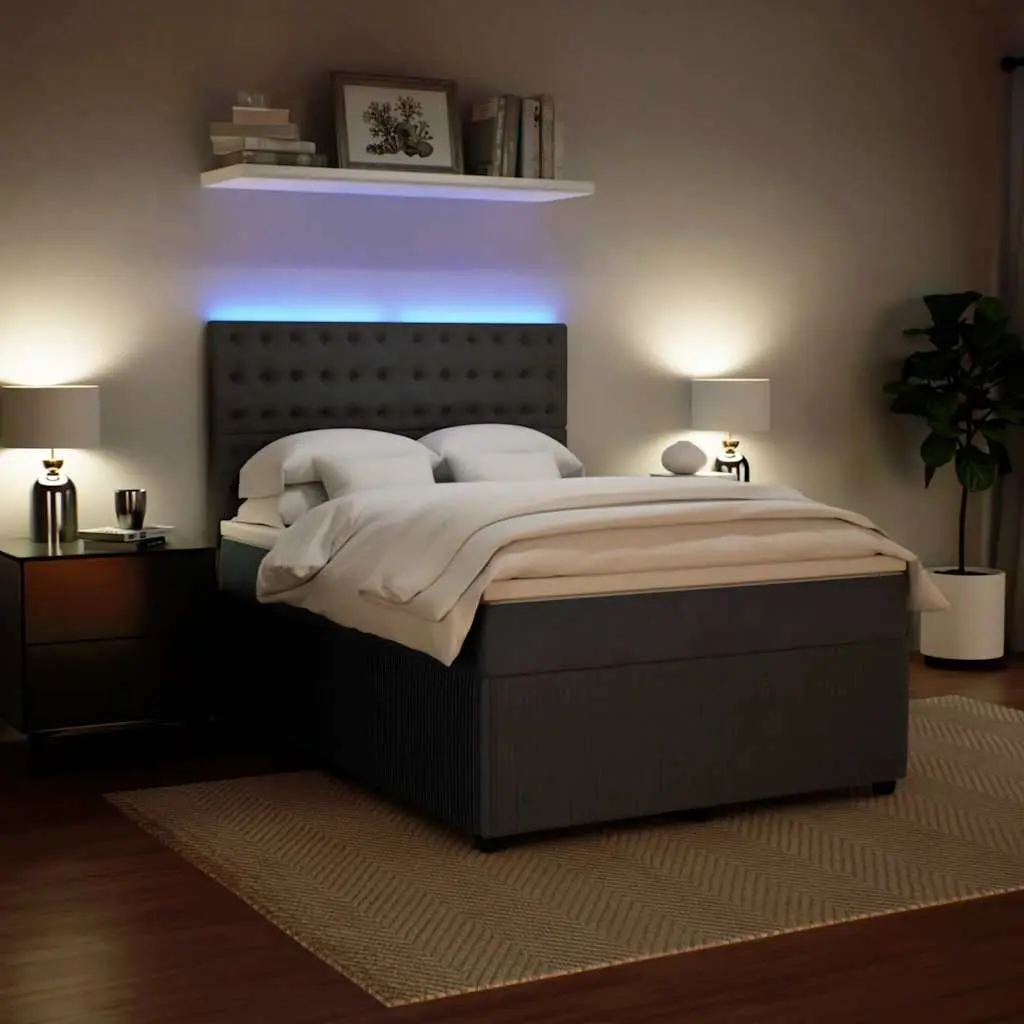 Double Box Spring Bed Grey Velvet Height Adjustable Headboard Pocket Spring Mattress with LED Lights