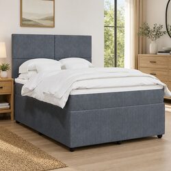 Queen Box Spring Bed with Mattress Dark Grey Velvet LED Adjustable Headboard