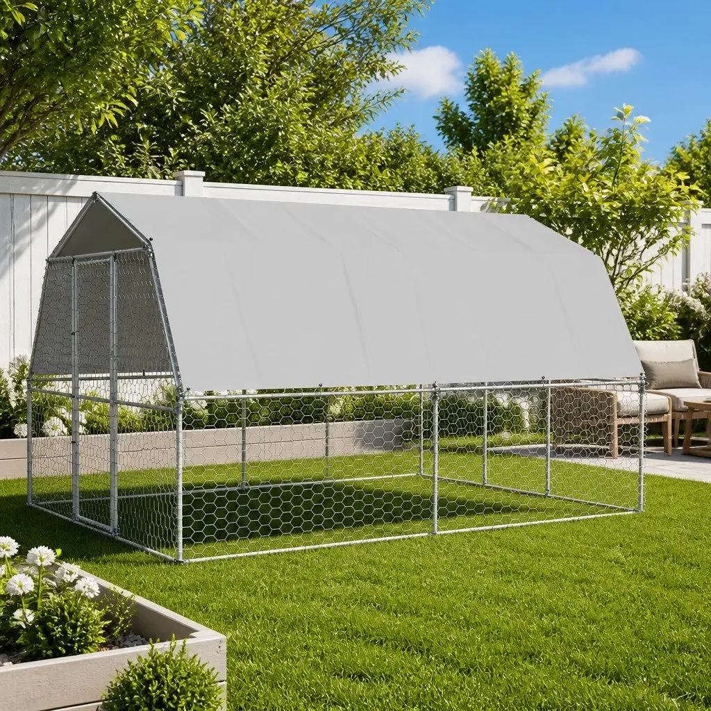 Dog Cage Silver Galvanised Steel Mesh Outdoor Kennel with Roof and Door