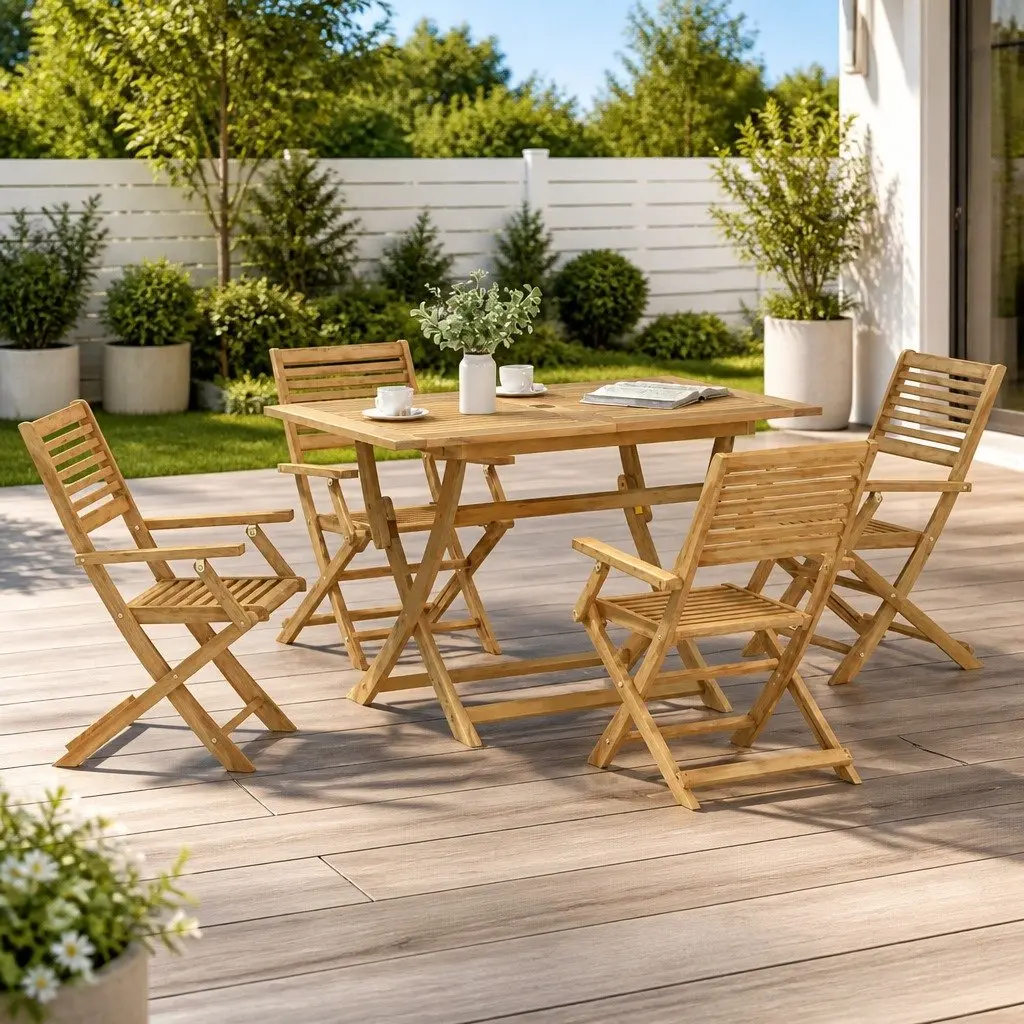 Outdoor Dining Set Brown 5 Piece Solid Acacia Wood Garden Table Chair with Backrest