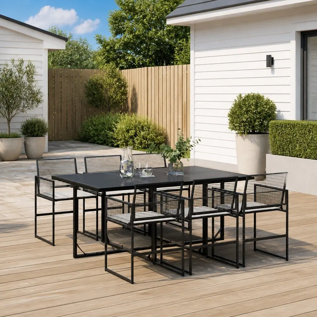 Garden Dining Set 7 Piece Black Poly Rattan Outdoor Furniture with Cushions
