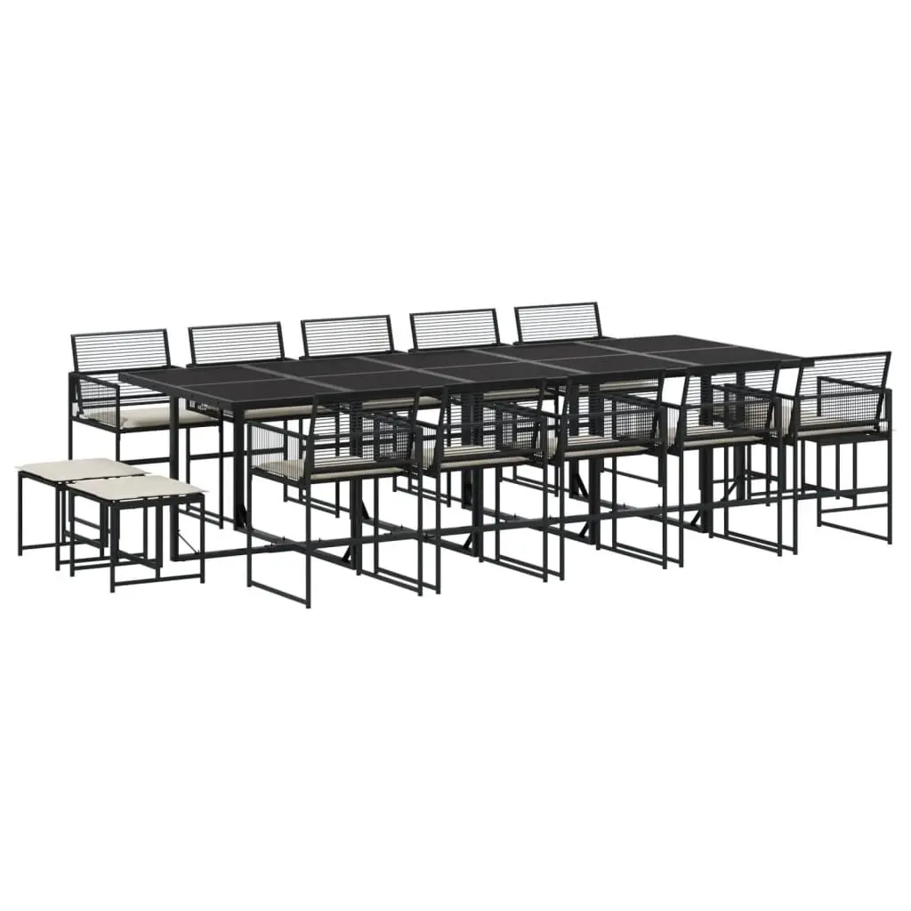 Outdoor Garden Dining Set Black 15 Piece Poly Rattan Patio Furniture with Tempered Glass Top and Thickly Padded Cushions