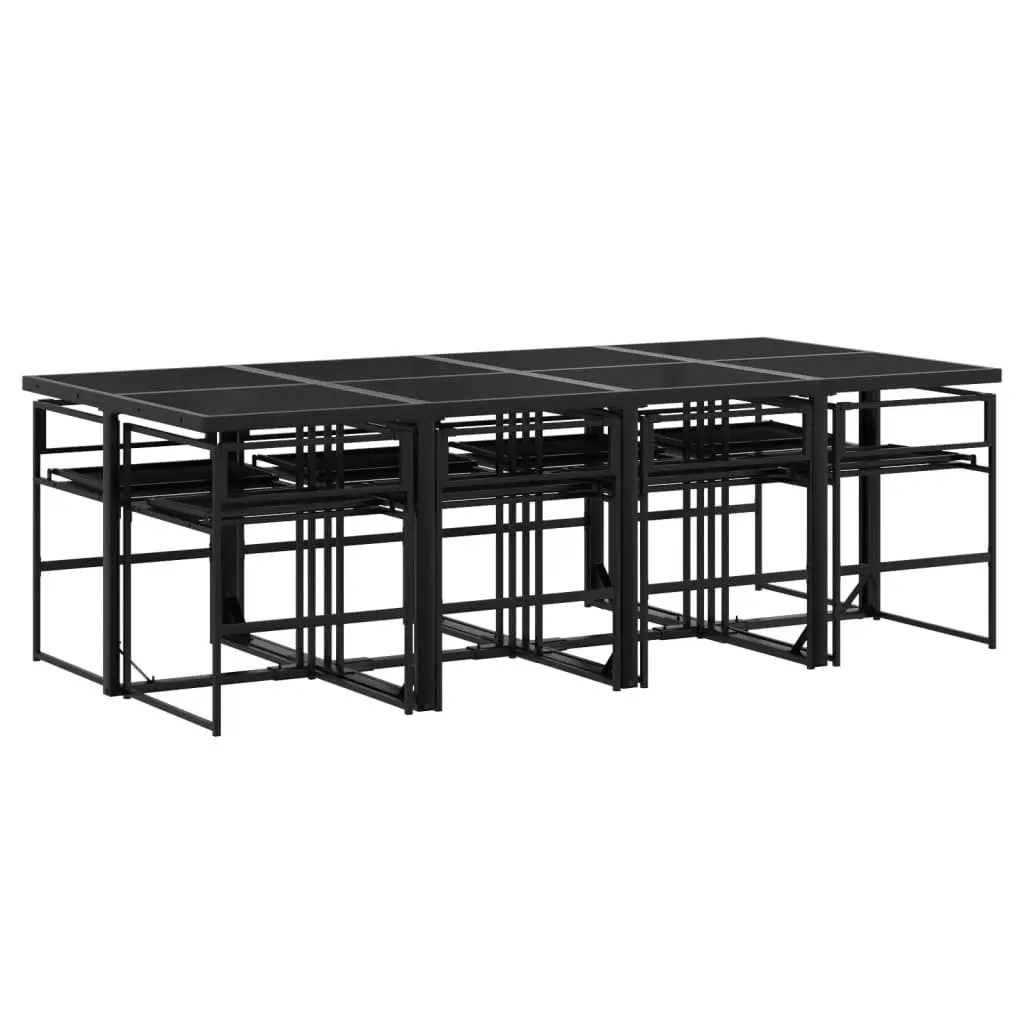 9 Piece Outdoor Dining Set with Cushions Black Textilene Folding Chairs Glass